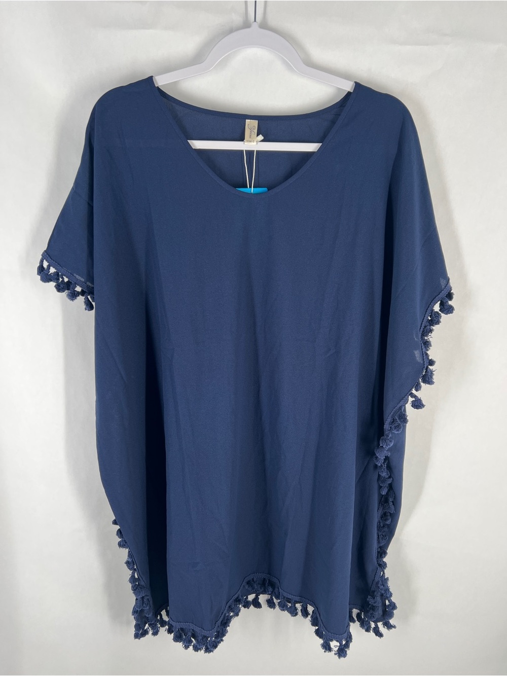 Yincro NWT Navy Blue Tassel Fringe Poncho Caftan Swim Cover Up 3X